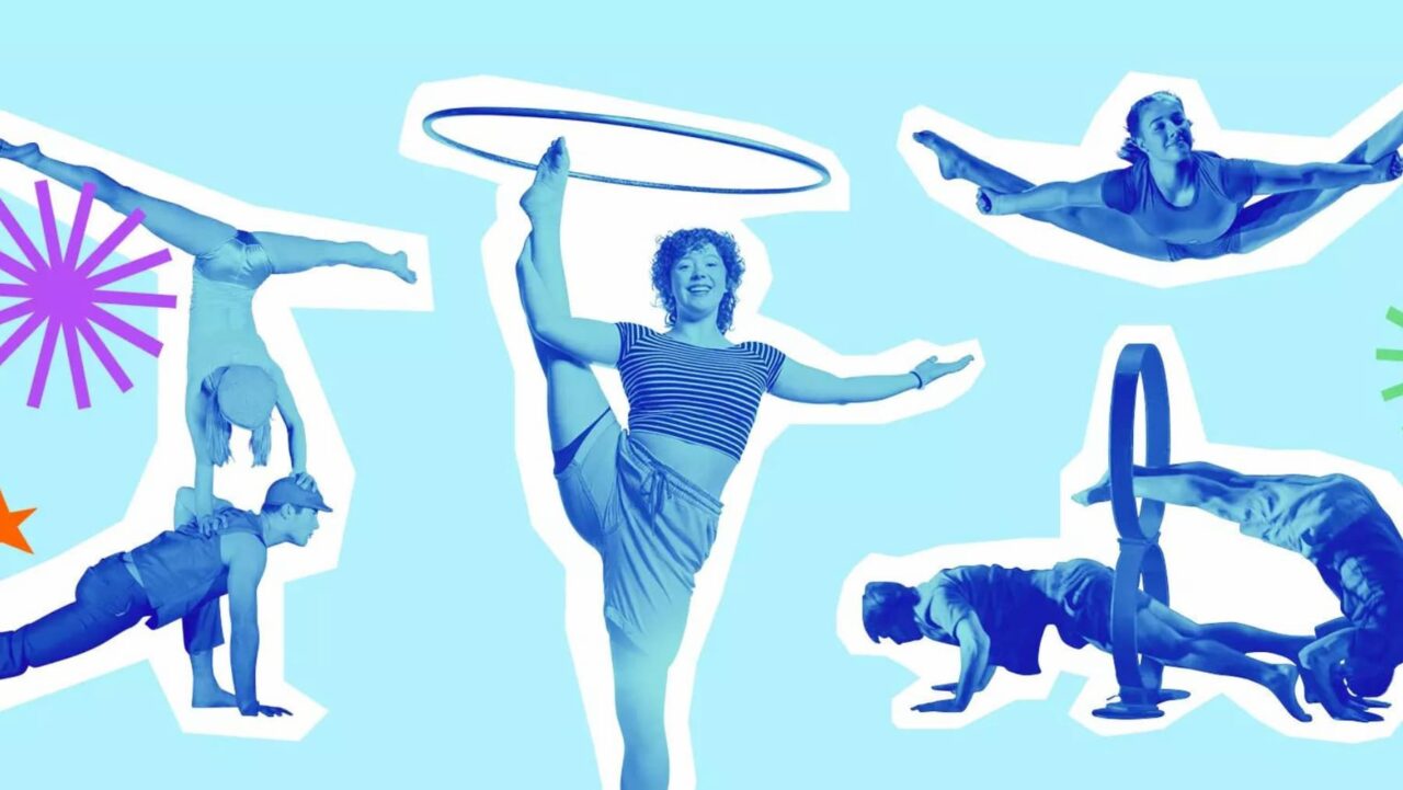 Several acrobats perform various feats: a woman balances a hoop, another performs a split, and two others work together in a balancing act, all on a light-blue background
