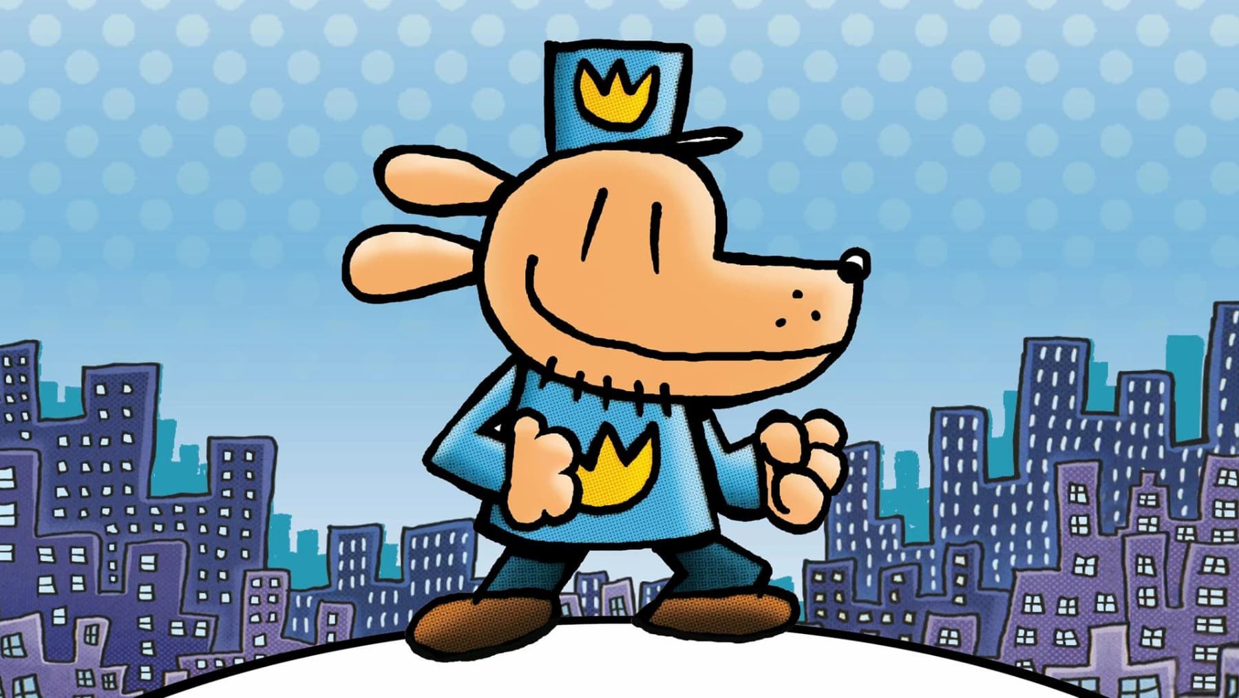 A cartoon dog, wearing a blue uniform and crown, stands proudly atop a small hill overlooking a cityscape