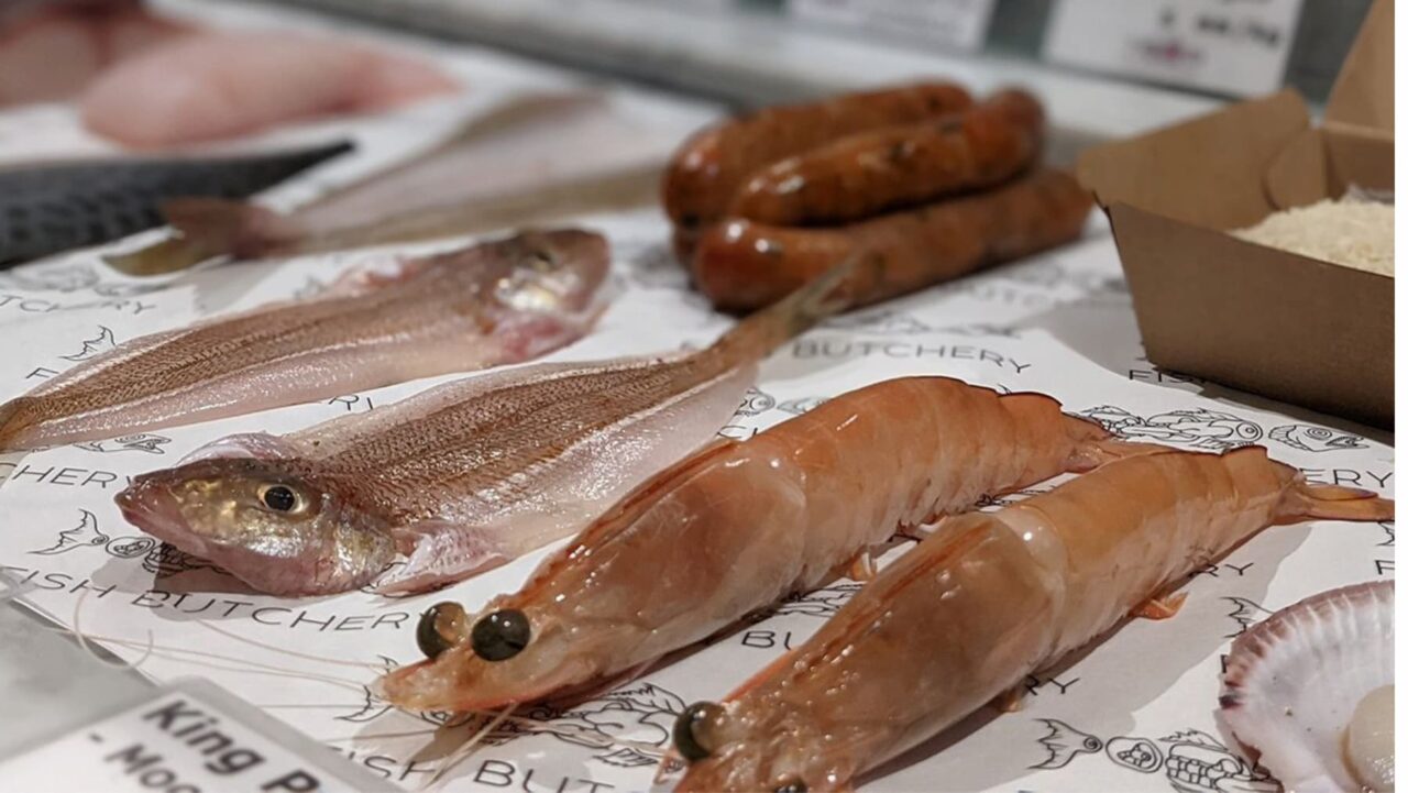 Two flatfish and two large prawns lie on butcher paper