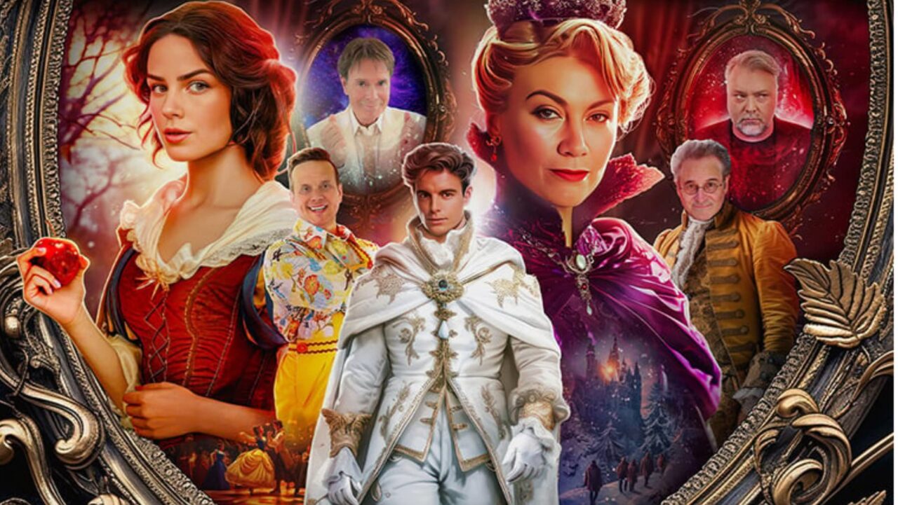 A group of fairytale characters, including Snow White and a prince, pose within an ornate mirror frame