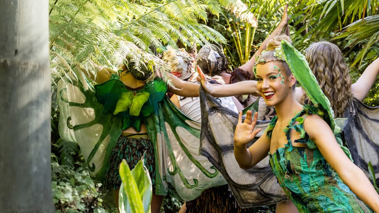Fairies, costumed in green and brown, playfully interact amongst lush ferns
