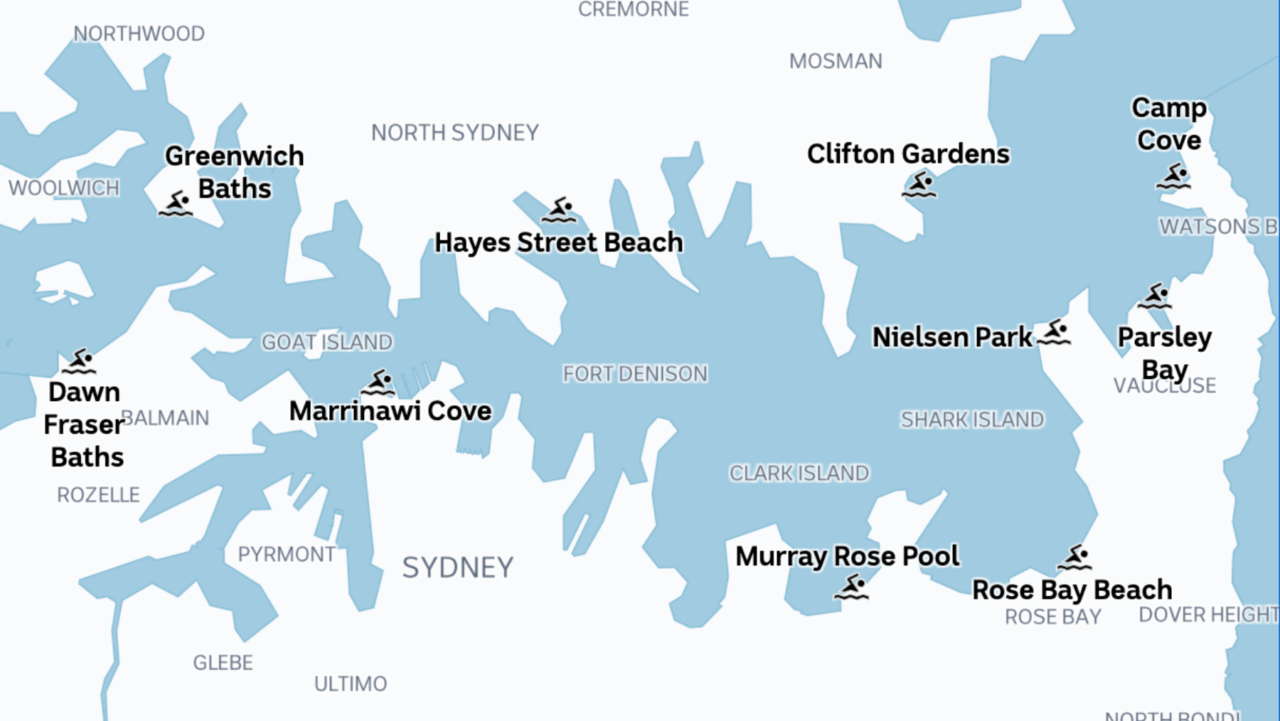 A map displays Sydney Harbour's swimming locations: Greenwich Baths, Hayes Street Beach, etc
