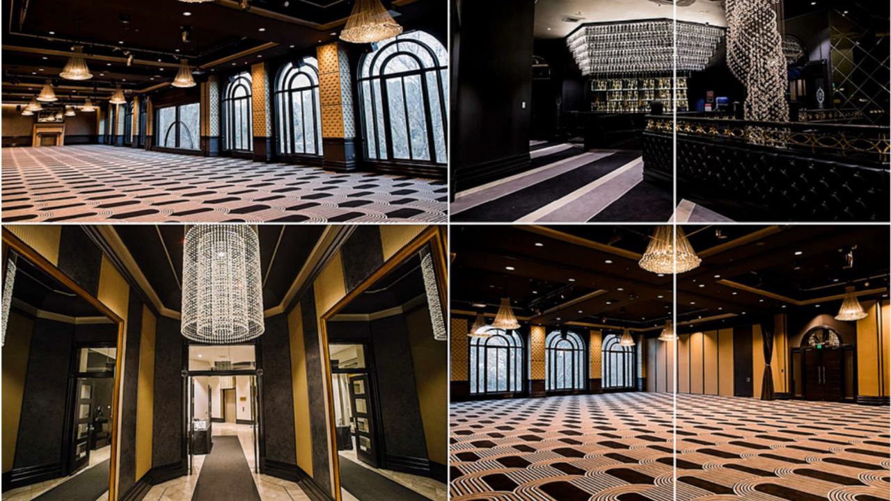 A grand ballroom, featuring a geometric patterned carpet, is shown in a collage