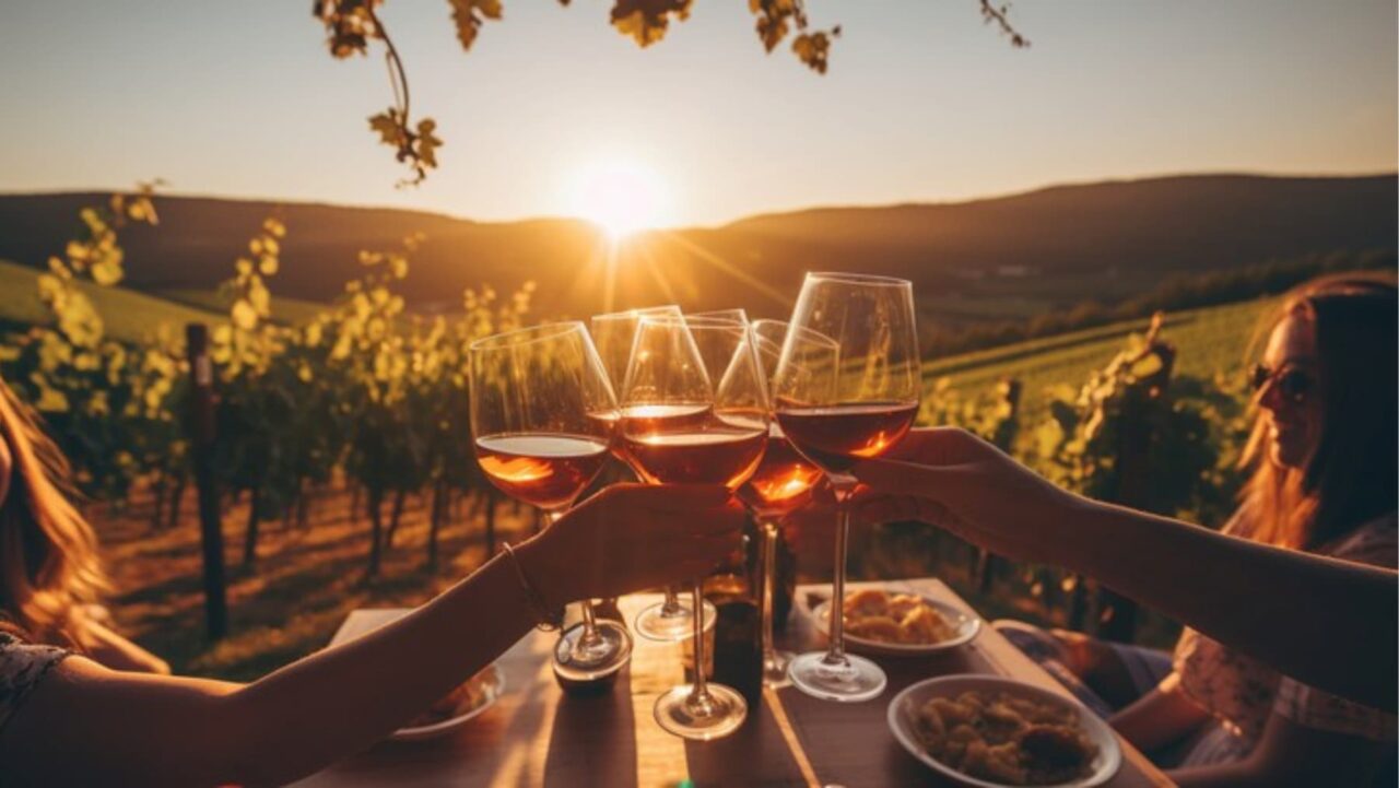 Wineglasses filled with rosé are being toasted at sunset