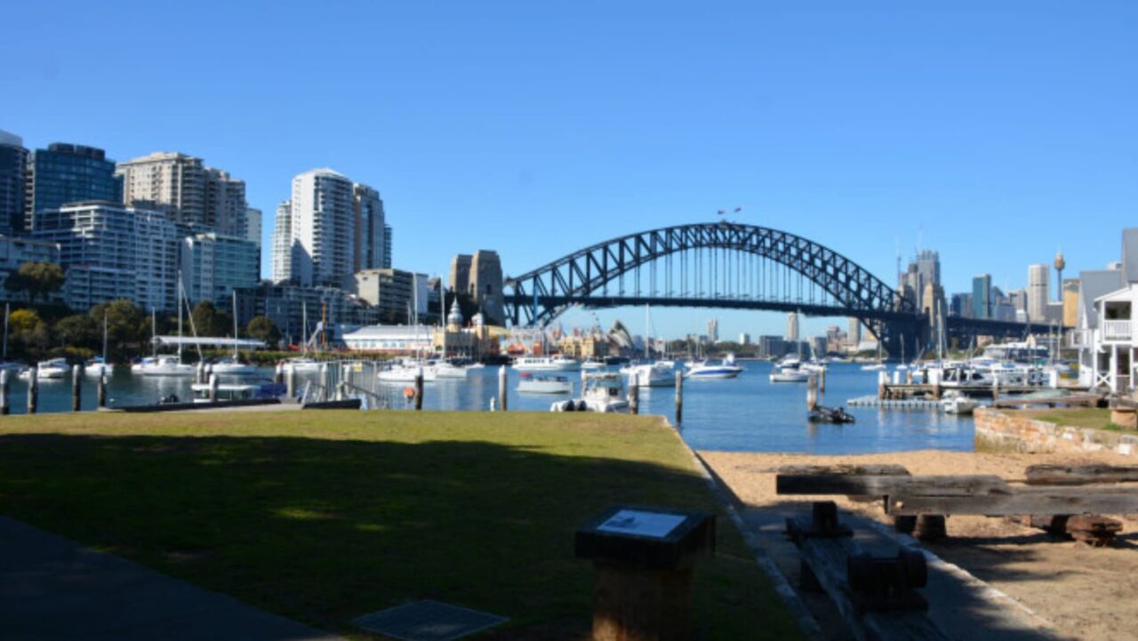 A grassy area overlooks a harbor; numerous boats are moored, with the Sydney Harbour Bridge spanning the background