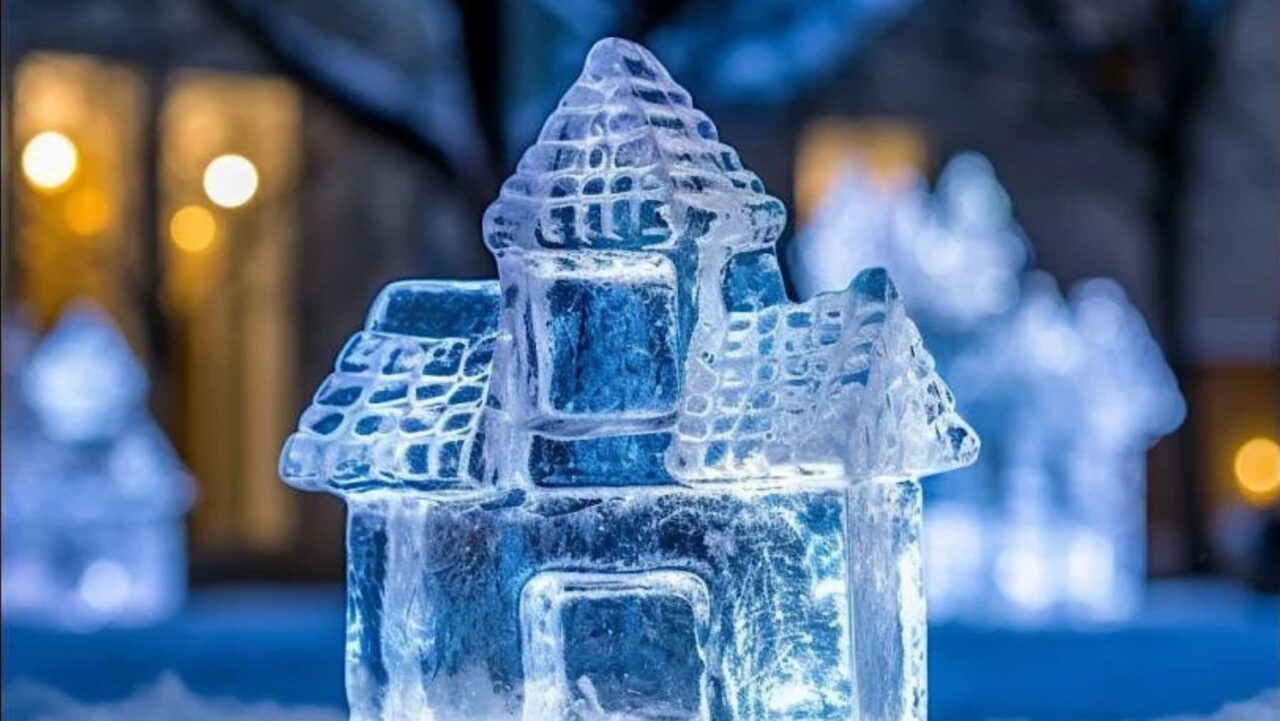 An ice house sculpture sits in a snowy outdoor space