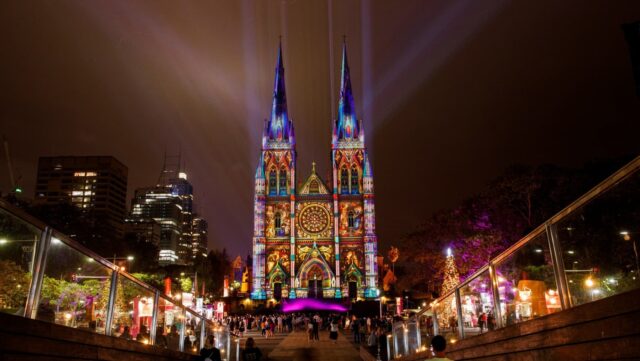 St Mary's Cathedral Christmas lights during Sydney Christmas