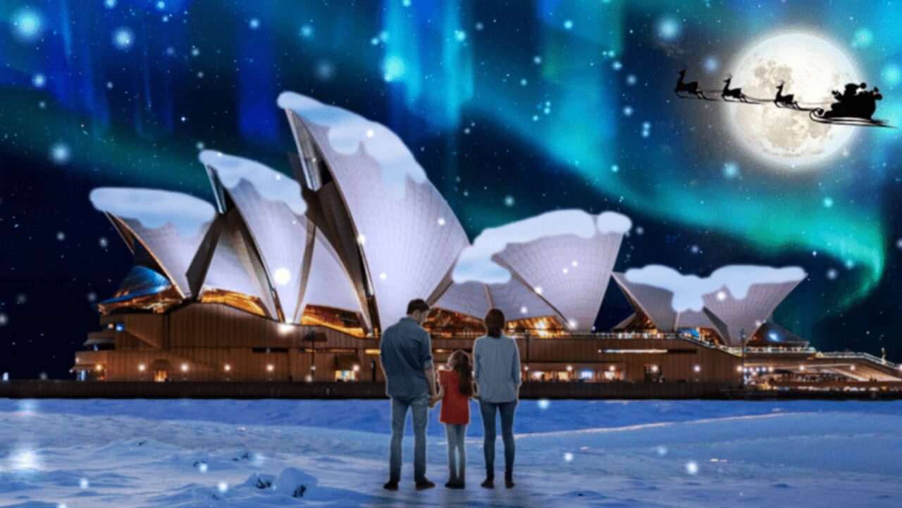 An AI generated image depicting a family on Christmas day in front of a snowy Sydney Opera House with a sleigh in the sky, signifying that start of Christmas events Sydney locals know and love.