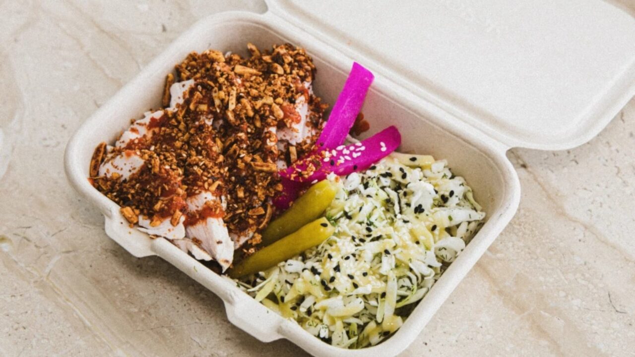 a white container with food in it