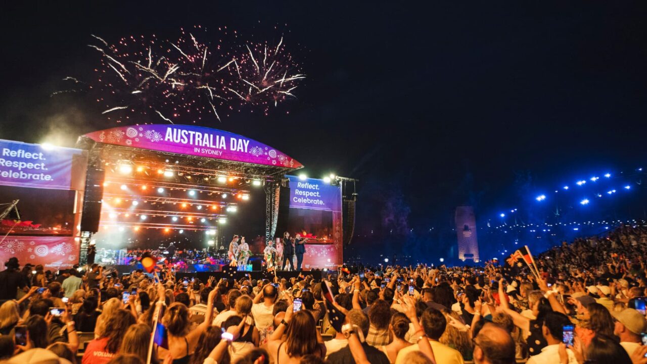 A concert in the Sydney Opera House forecourt. 