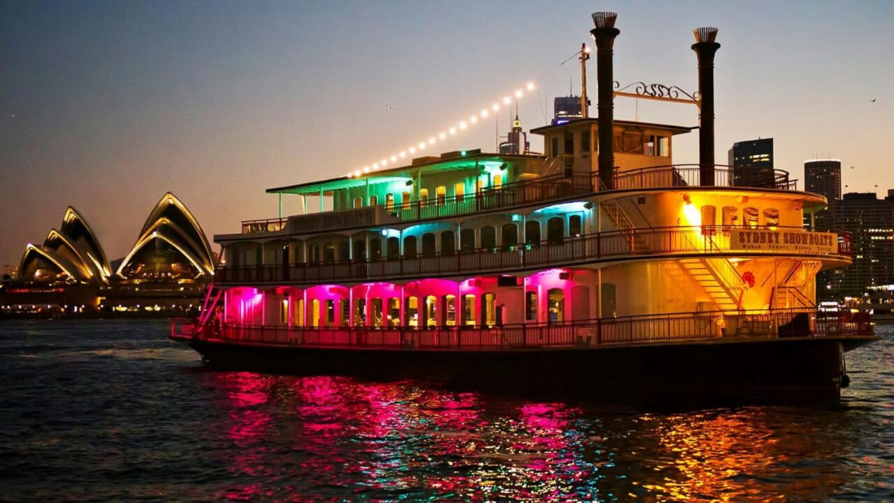 A Sydney Showboat lit up on Australia Day on Sydney Harbour. 