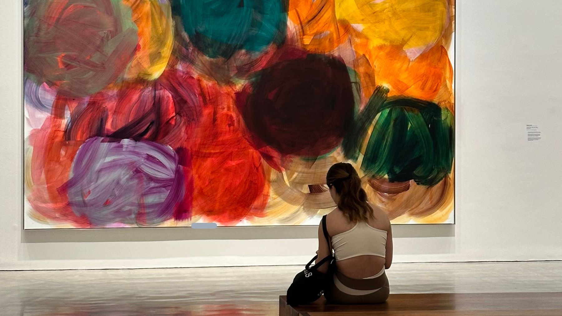 Gemma Smith's Compression Dissolve is part of The Intelligence of Painting at MCA. A visitor sits on a bench in front of the vast, vibrant painting.