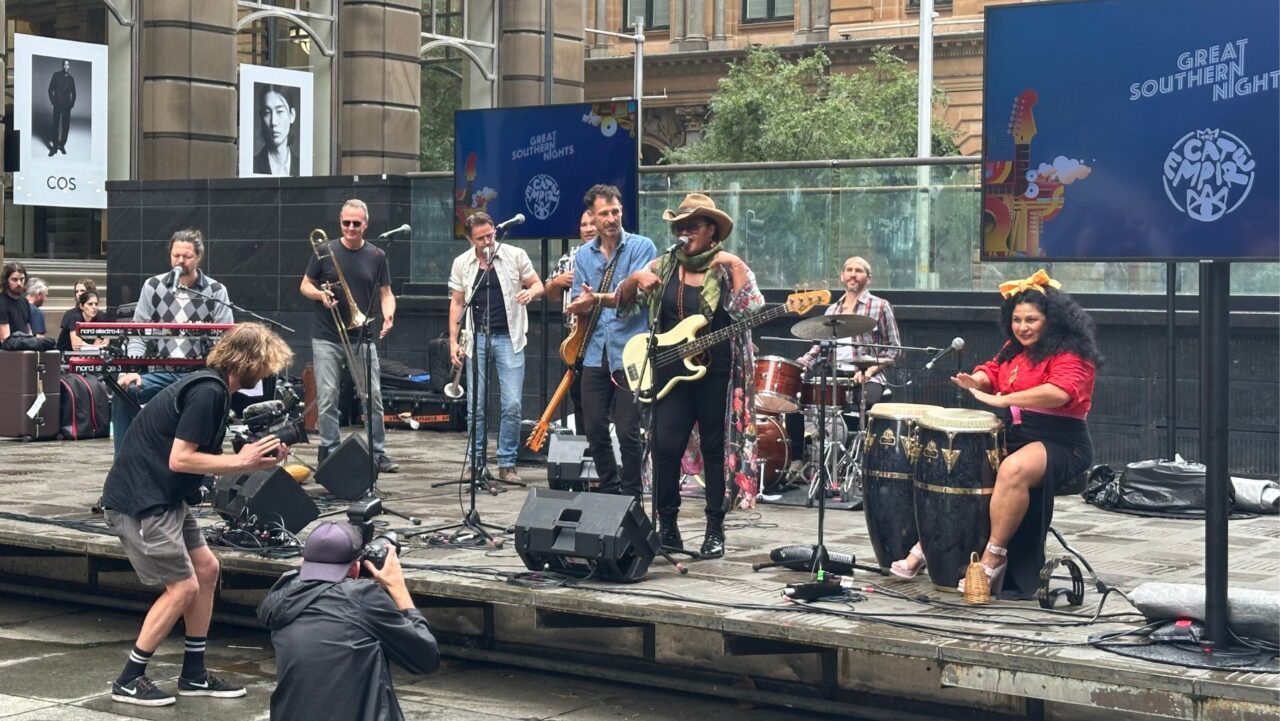 The Cat Empire open Great Southern Nights 2025 with a free pop-up performance in Martin Place. Image our own.