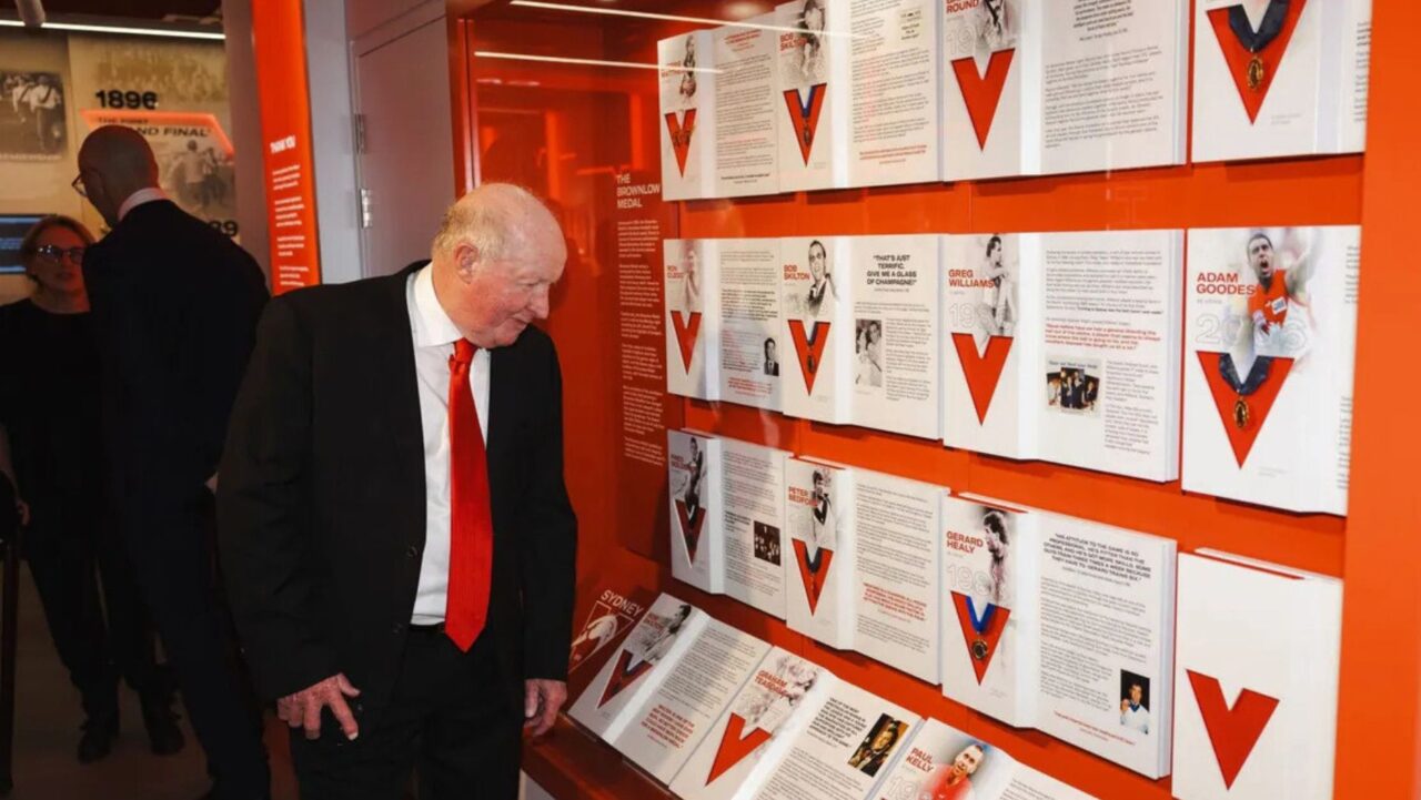Blood Legend Peter Bedford is pictured at The Peter Weinert Museum, where his 1970 Brownlow Medal is displayed.