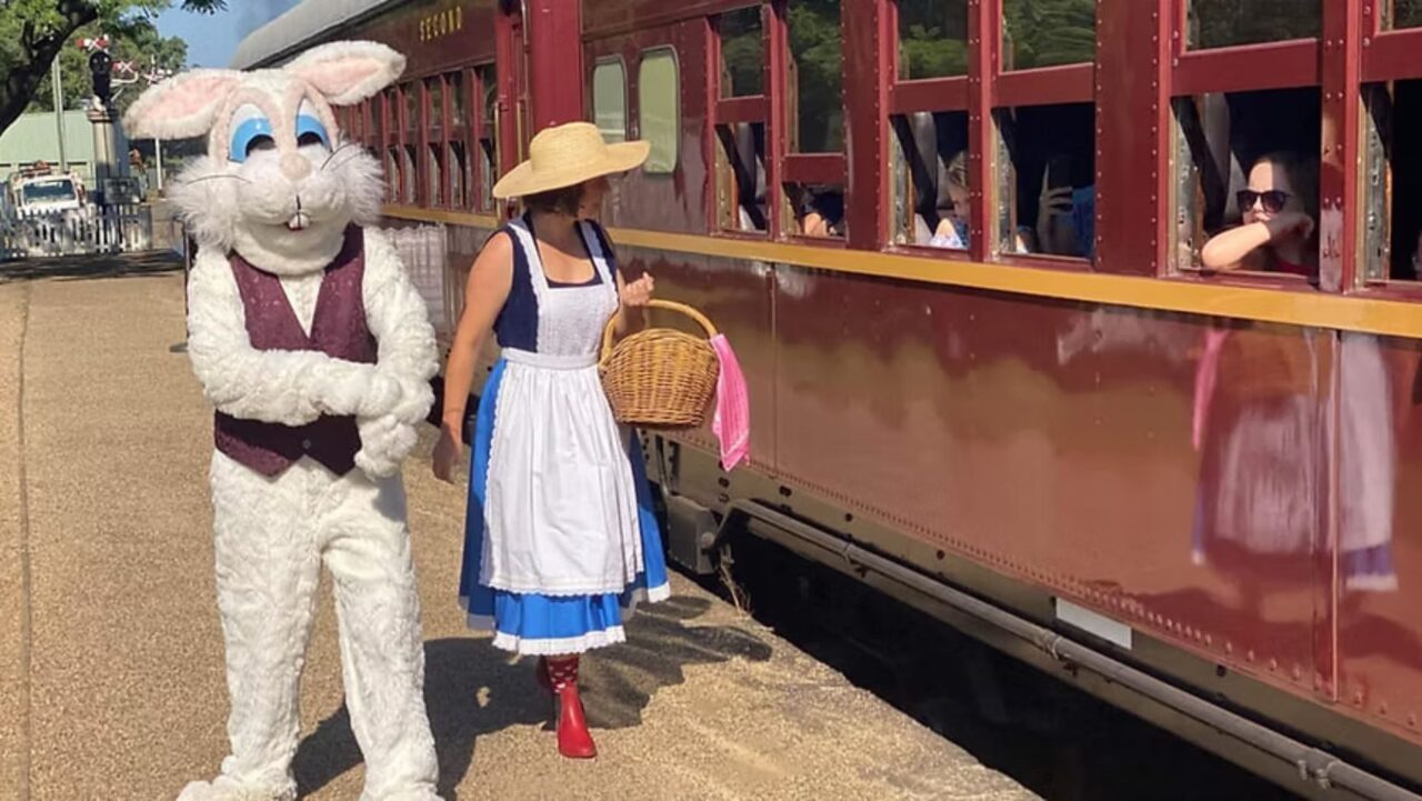 Easter Bunny and vintage steam train