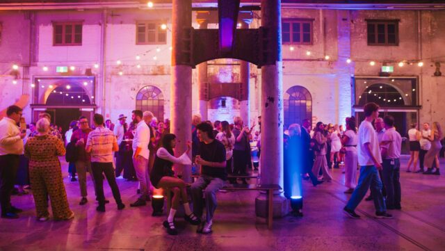 a group of people in a building