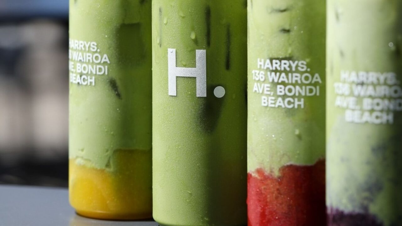 Transparent cans of matcha, in various flavours, are lined up. Each has Harry's Bondi branding.