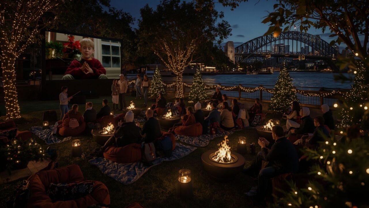 Fire Pit Cinema at Christmas in July in The Rocks