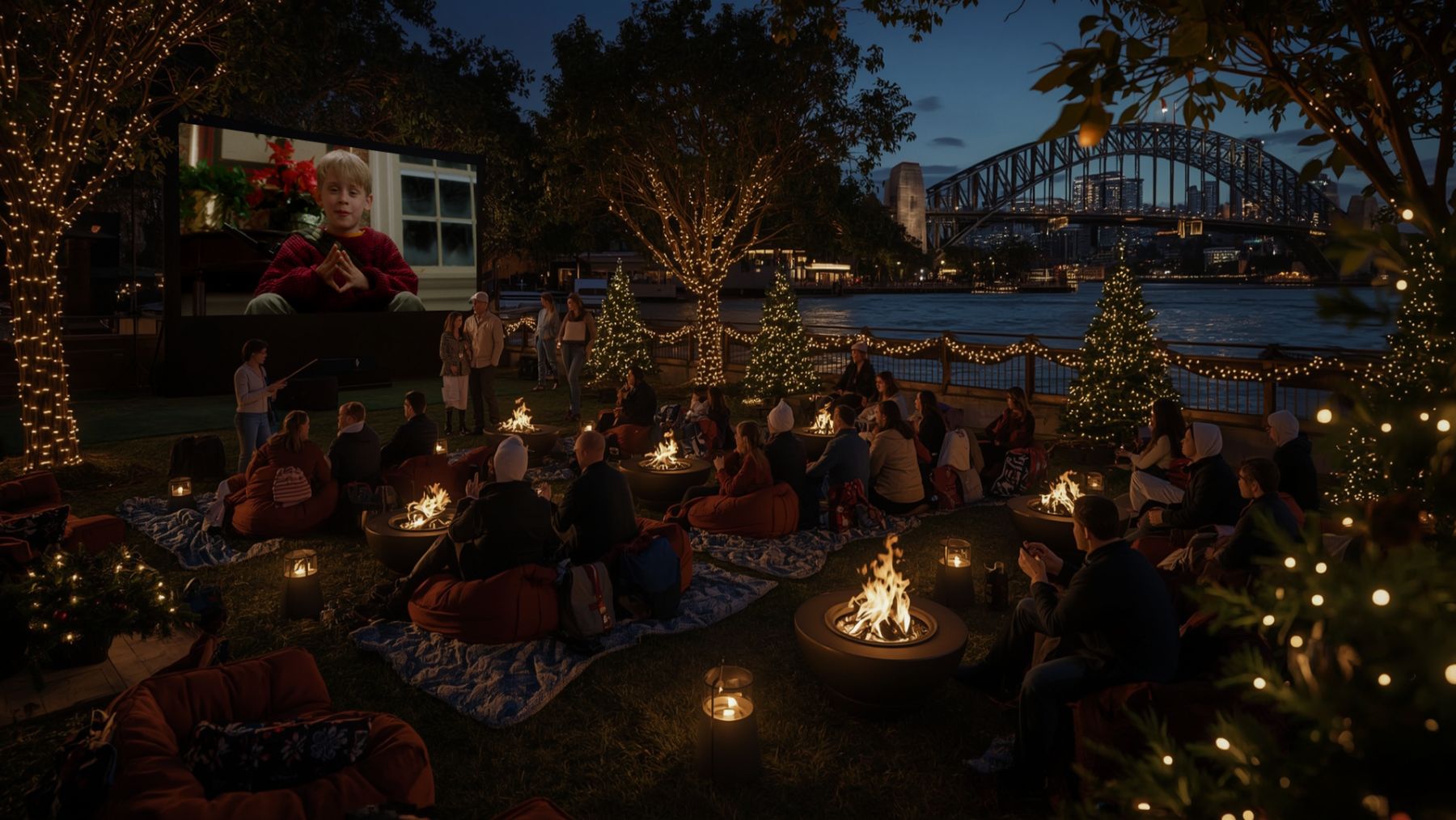 Fire Pit Cinema at Christmas in July in The Rocks