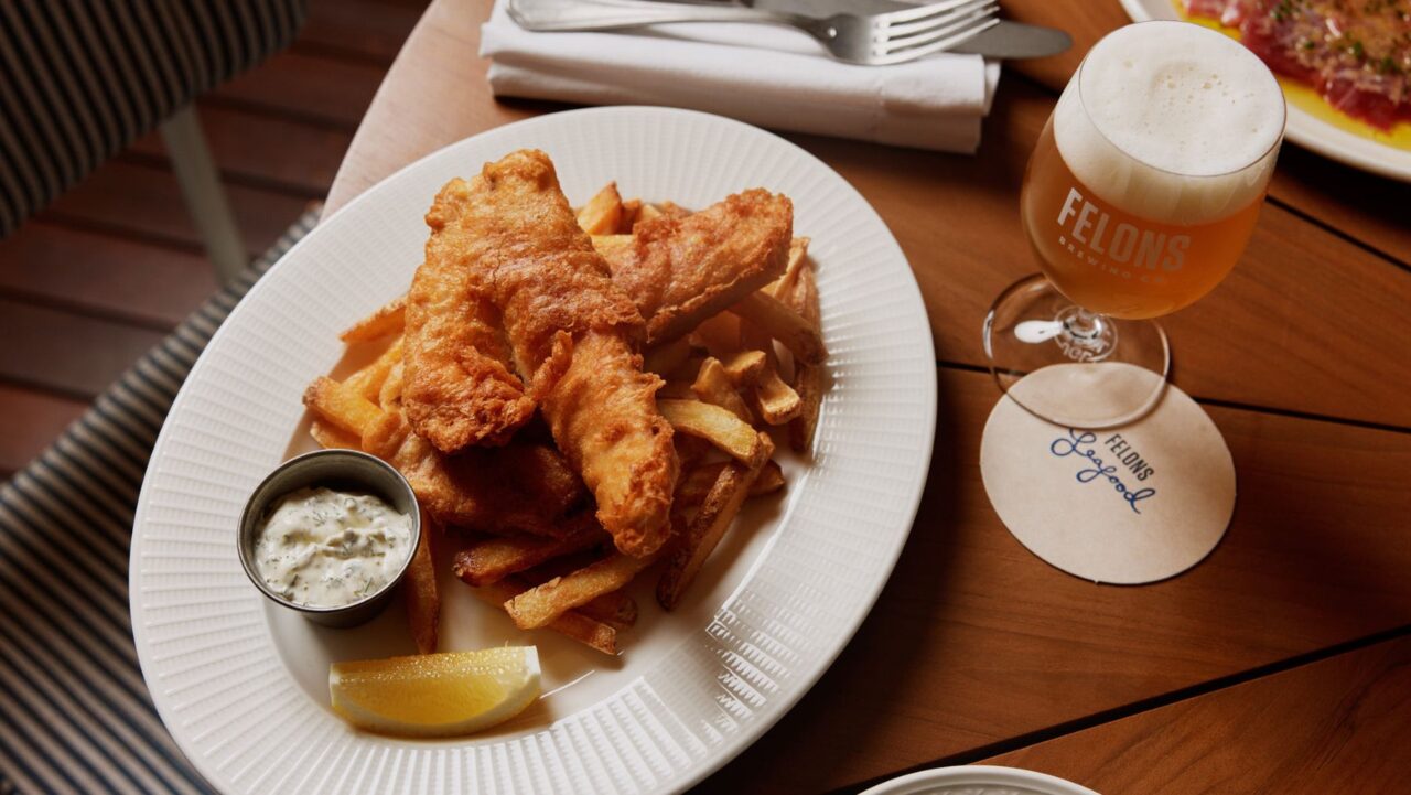 fish and chips and beer at felons seafood