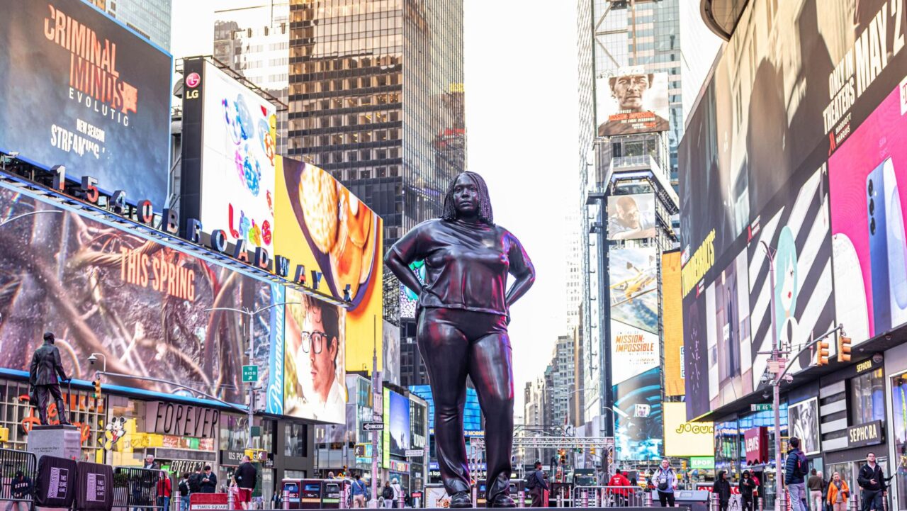 Thomas J Price, Grounded in the Stars, 2025, installation view, Times Square Arts, New York City, 2025.