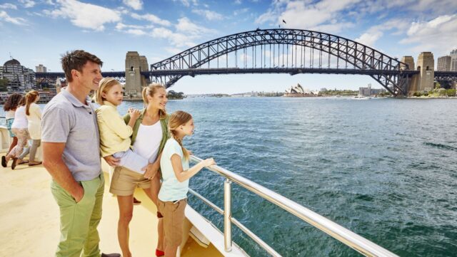 Family on a Sydney Harbour ferry near Sydney Harbour Bridge. Family itinerary
