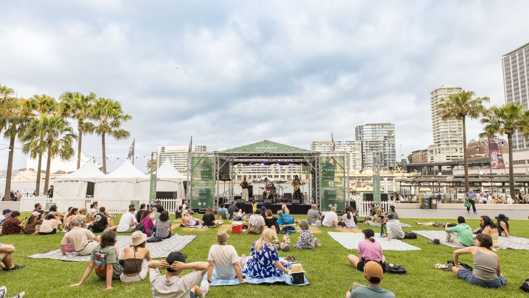 a band plays on Tallawoladah Lawn in front of a small crowd