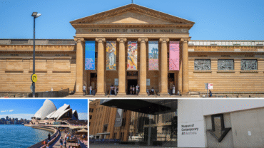 A compilaton of three images of the Art Gallery of NSW, the sydney opera house and the MCA