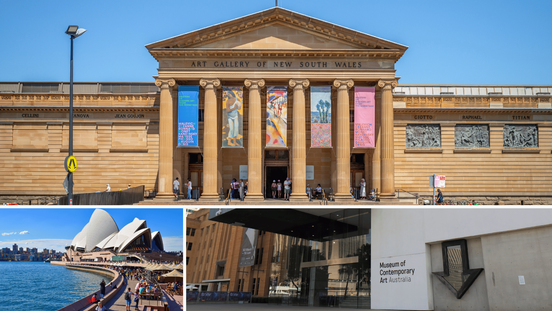 A compilaton of three images of the Art Gallery of NSW, the sydney opera house and the MCA
