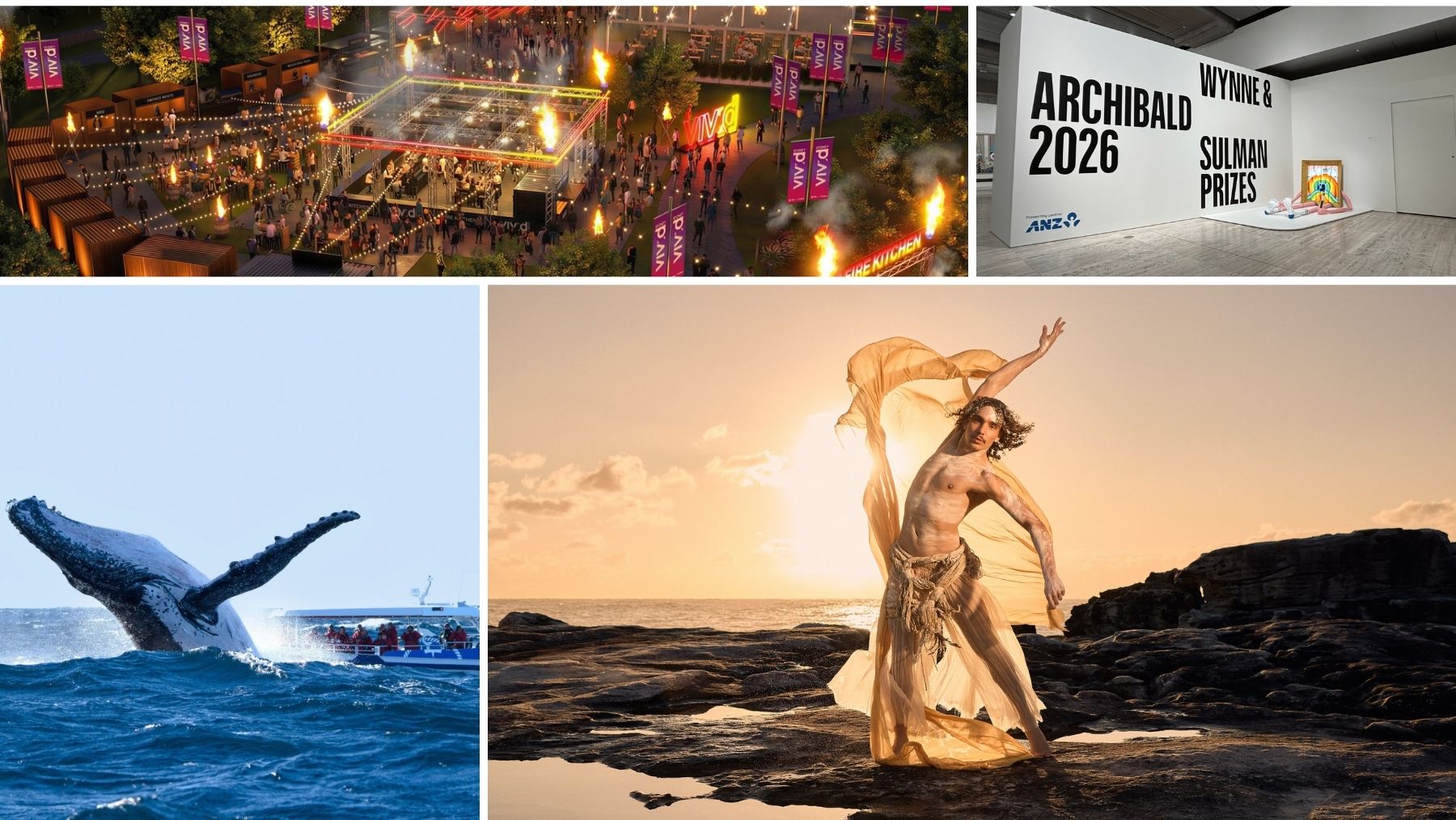 a composite image of events in sydney including a whale breaching, a dancer, the art gallery and a festival