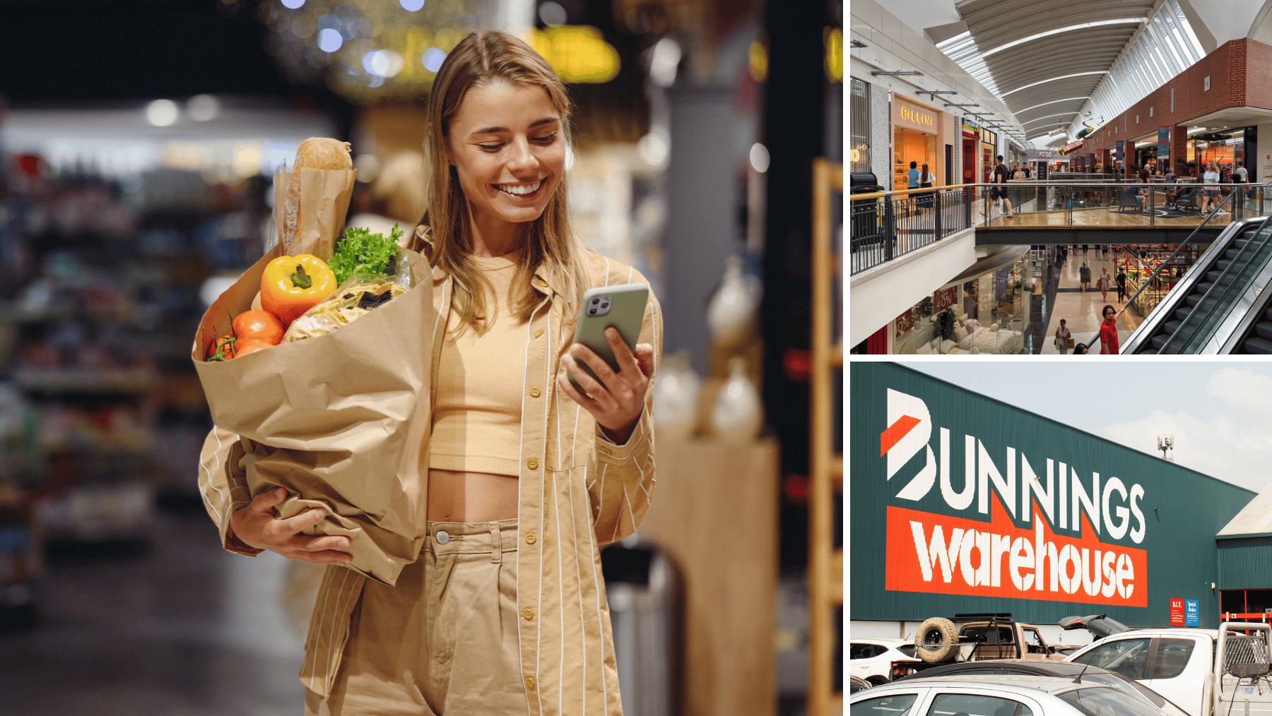 three photos in a grid, woman holding groceries in a paper bag, the interior of a large shopping centre, storefront of Bunnings