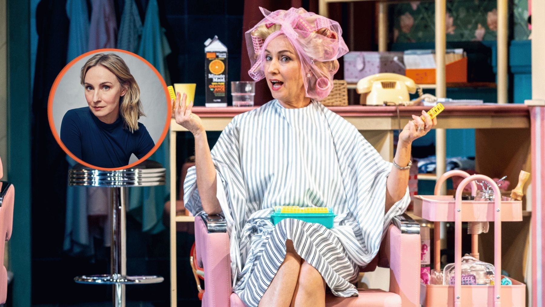 Actress Lisa McCune in character in Steel Magnolias wearing a hairnet and smock