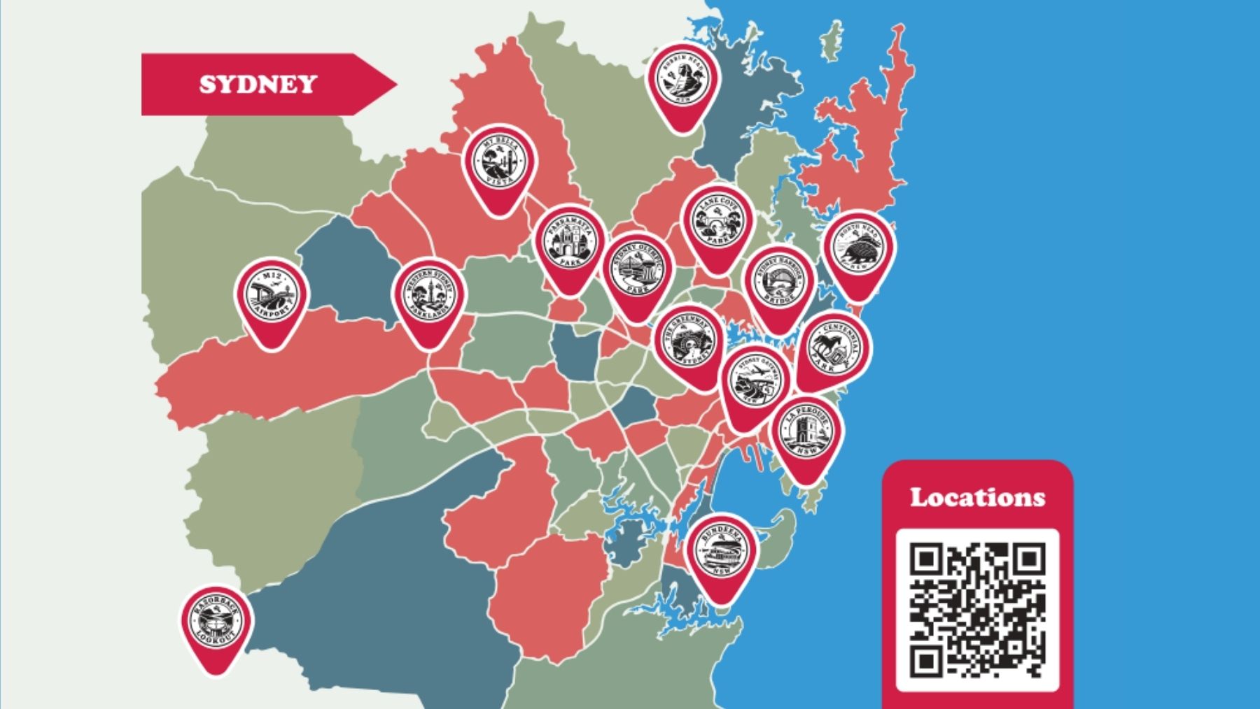 Map of cycleway destinations in the sydney cycling scavenger hunt