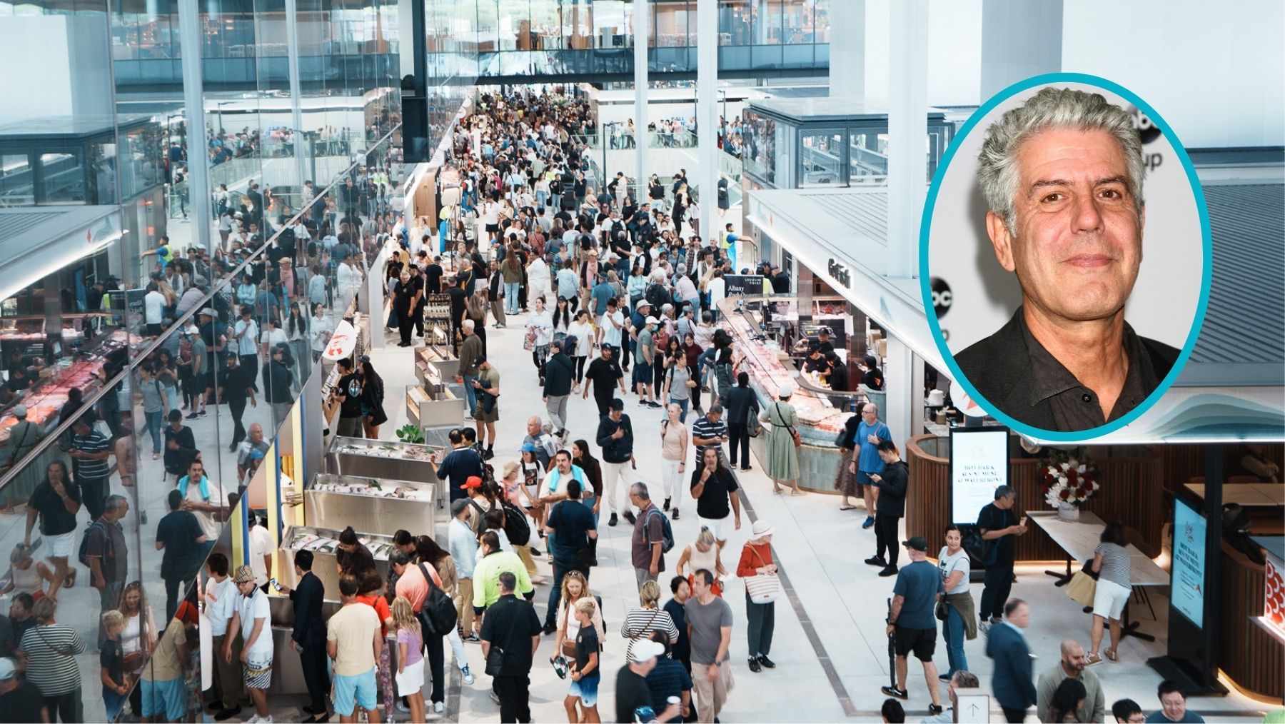 A crowded fish market with an inset picture of Anthony Bourdain