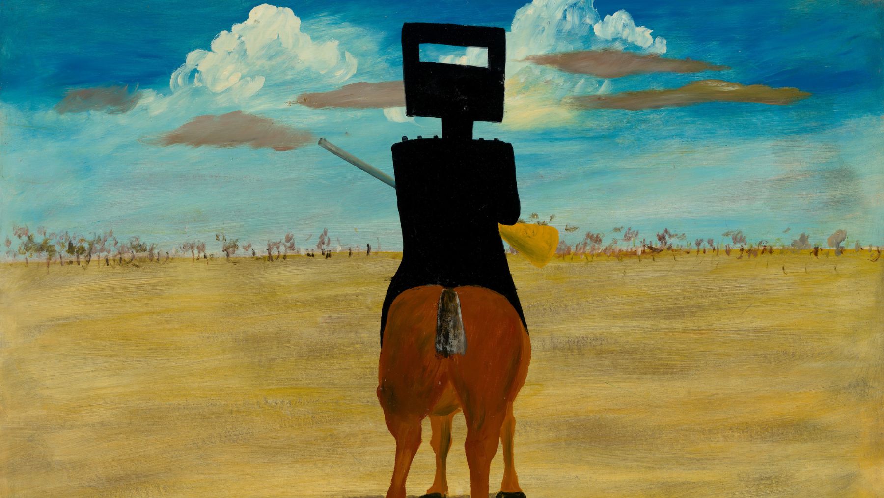 Silhouette of armoured figure on horse.