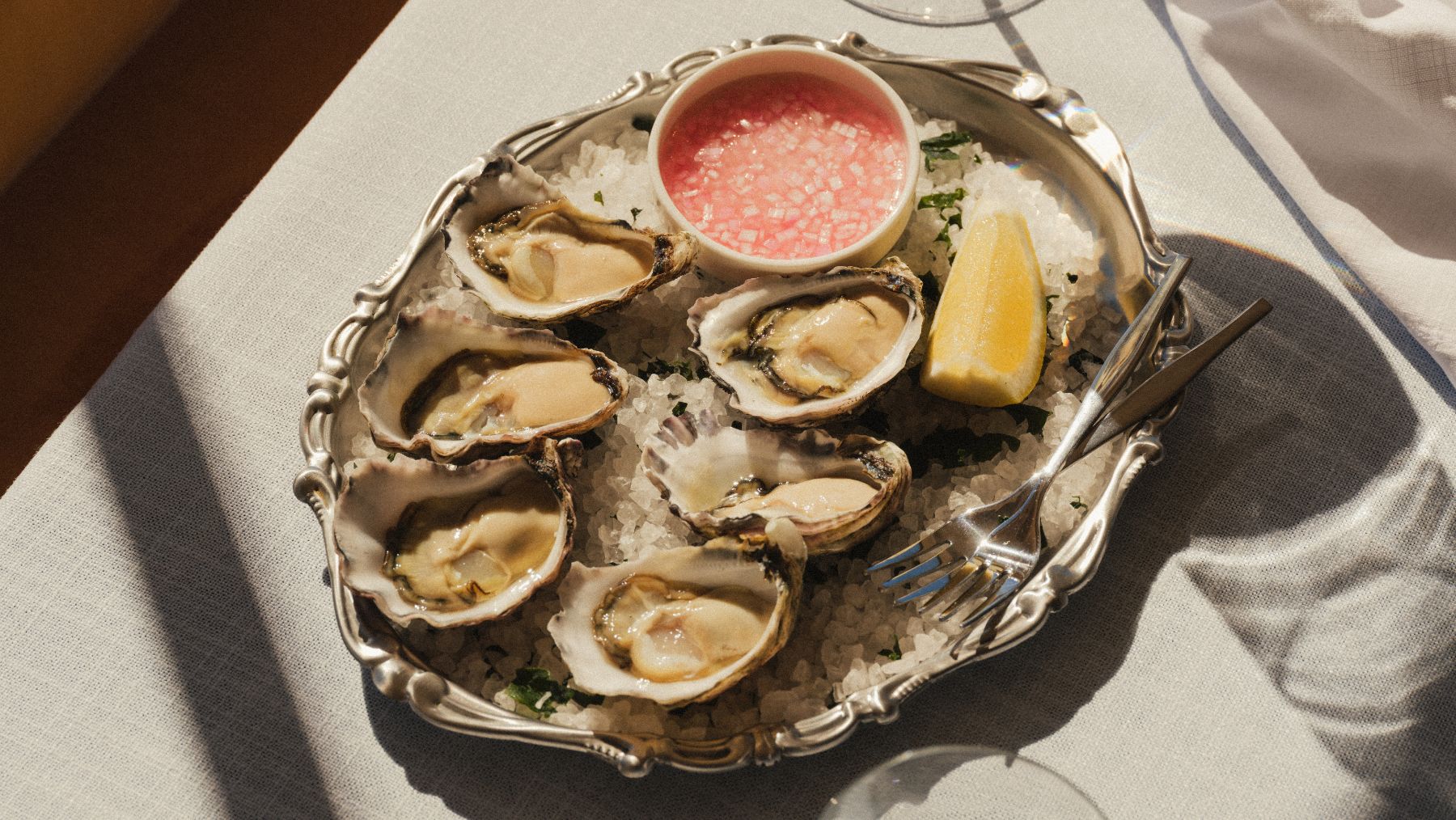 Fresh oysters on a silver platter