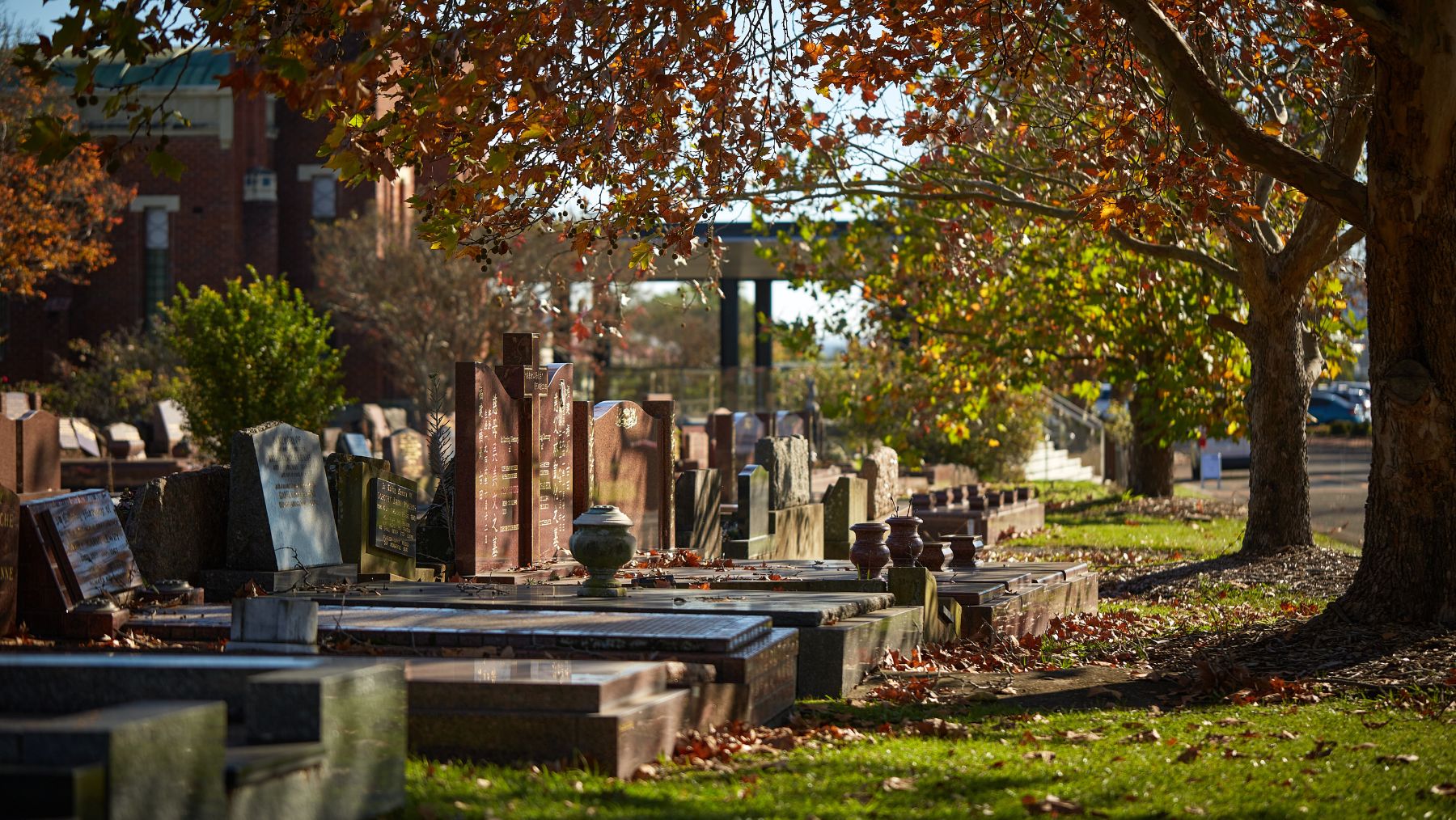 Gravestones under autumn trees.