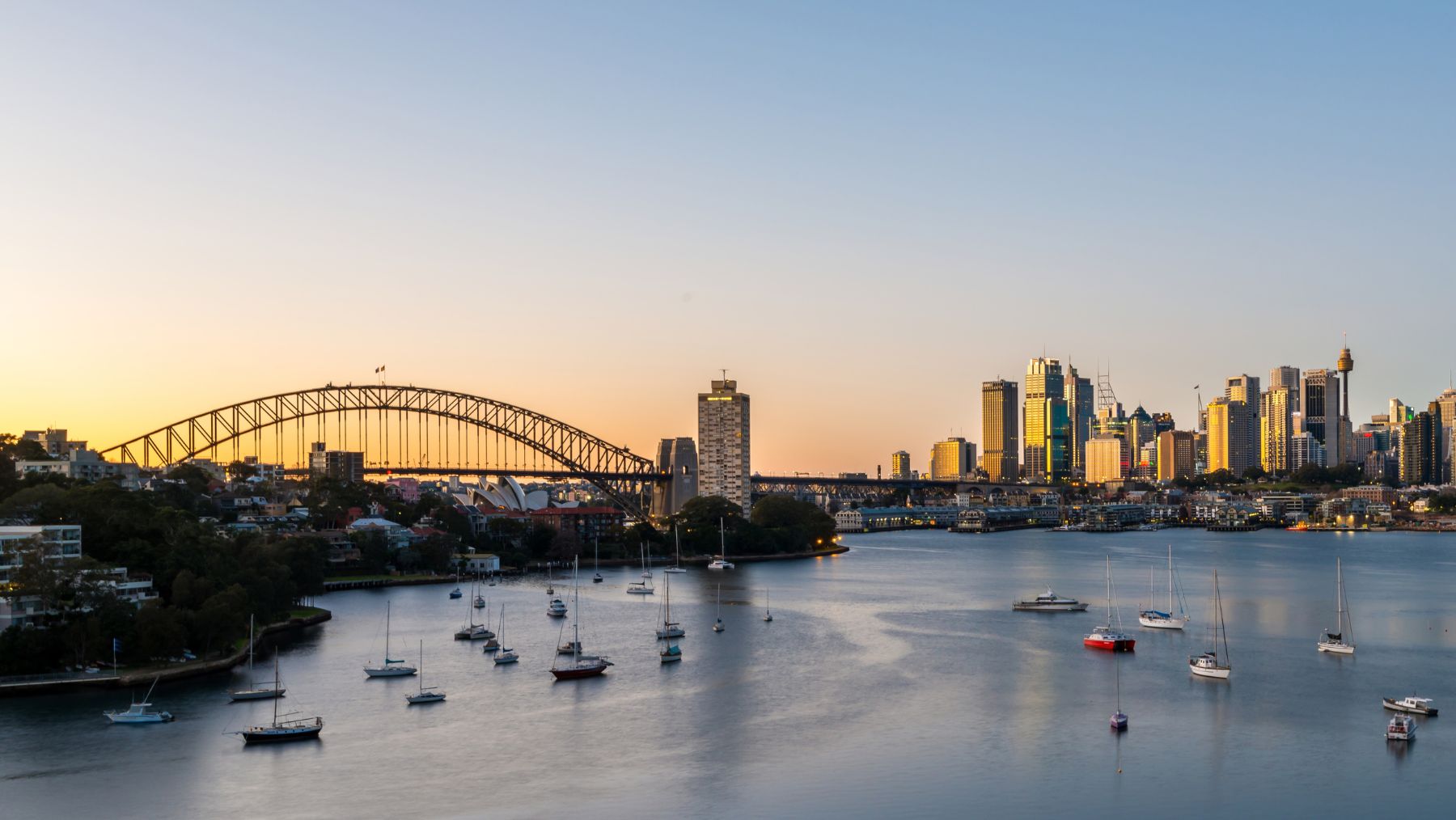 Sydney Harbour at sunset with skyline.