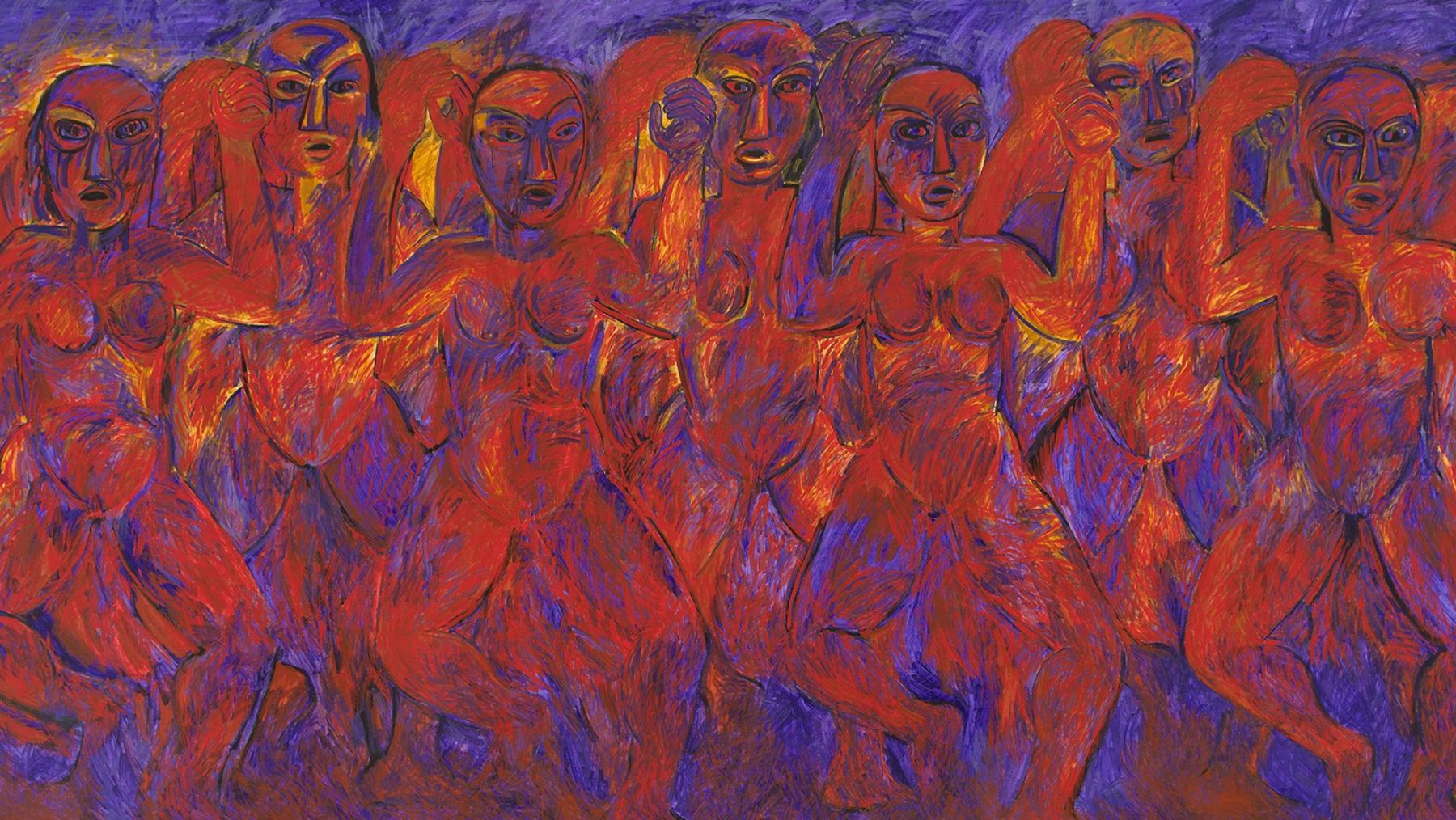 Robyn Kahukiwa, Tena i Ruia, 1987, acrylic on canvas, collection of Christchurch Art Gallery Te Puna o Waiwhetū